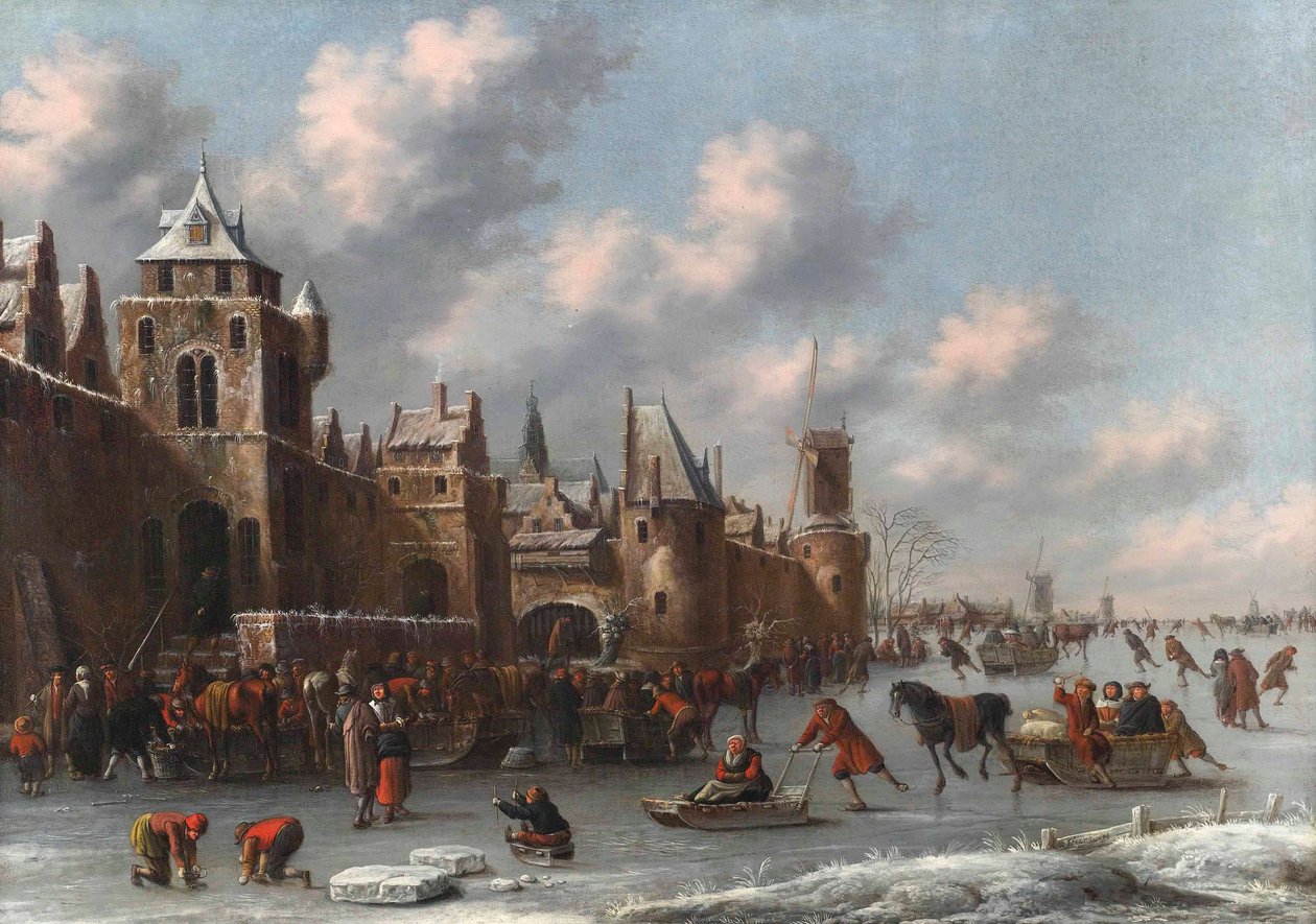 Winterlandschaft mit Schlittschuhläufern und Schlittenfahrern auf einem zugefrorenen Graben bei einer befestigten Stadt von Thomas Heeremans