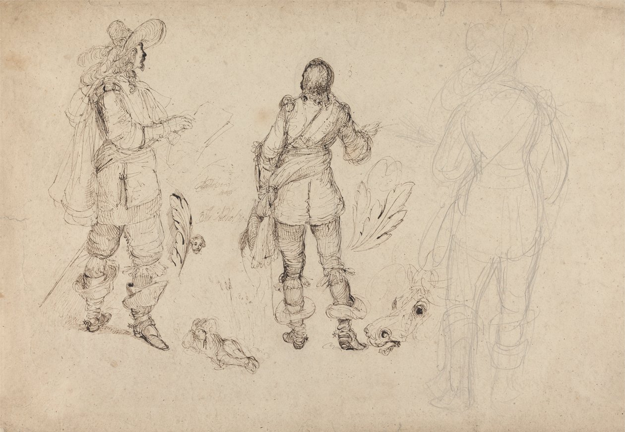 Seite mit Skizzen von Kavaliere, Pferdekopf und Federn von Thomas Henry Nicholson
