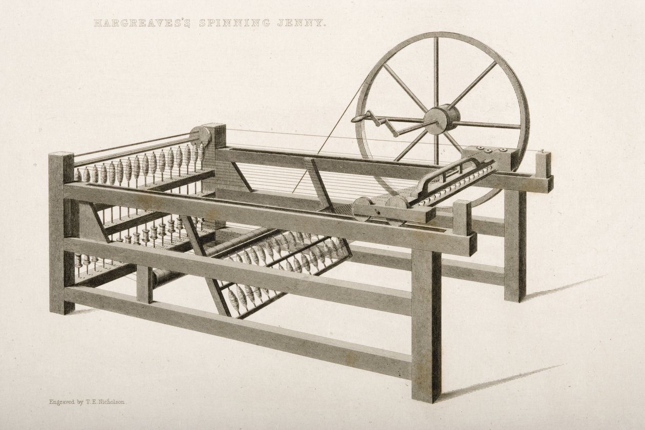 Die Spinning Jenny, erfunden von James Hargreaves im Jahr 1764, 1835 von Thomas Henry Nicholson