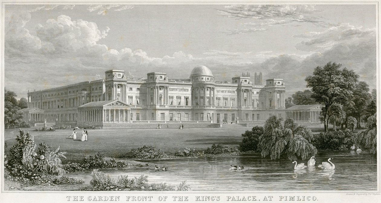 Die Gartenfront des Königspalastes in Pimlico, Buckingham Palace, London, 1829 von Thomas Higham