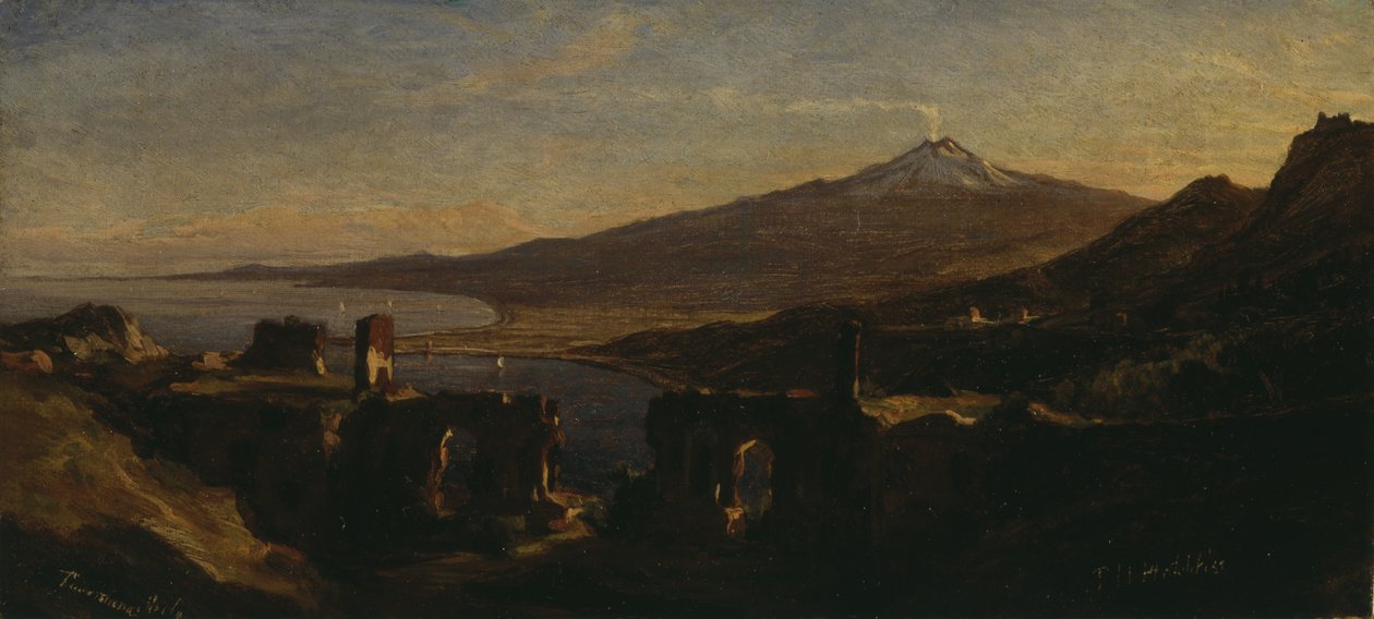 Blick von den Ruinen des griechischen Theaters in Taormina, Sizilien, mit dem rauchenden Ätna von Thomas Hiram Hotchkiss