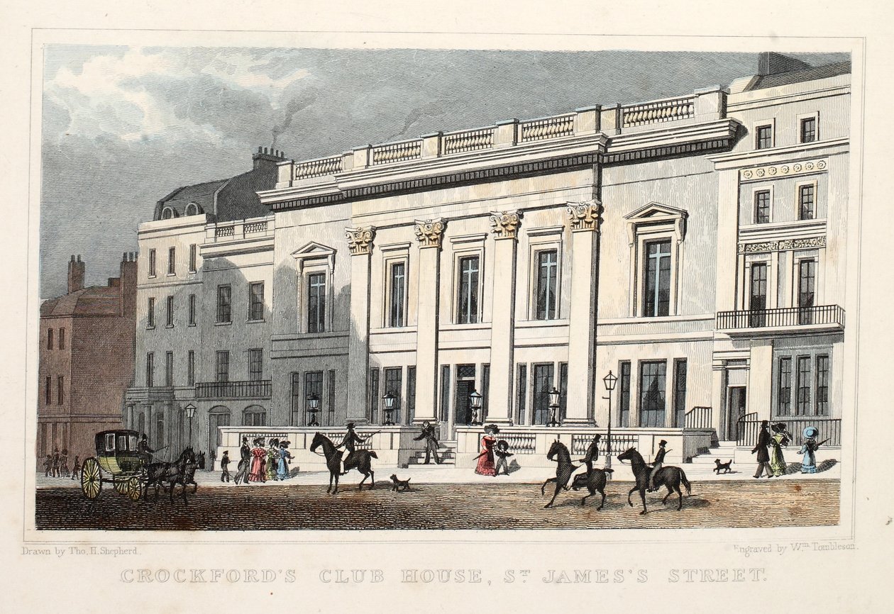 Crockfords Club House, St. James Street. Veröffentlicht 1828 von Thomas Hosmer Shepherd