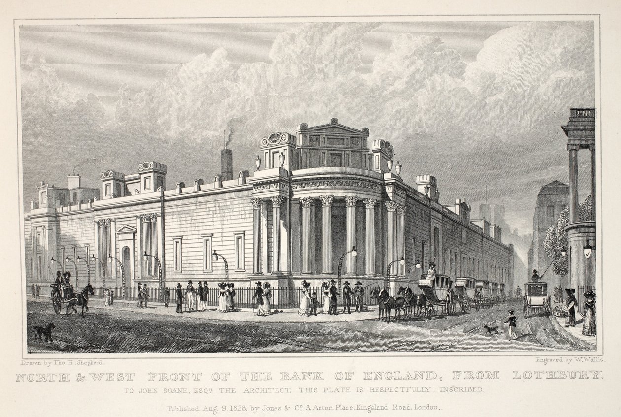 Nord- und Westfront der Bank of England von Lothbury, aus 
