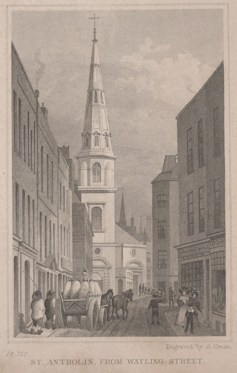 St. Antholin, von Watling Street, graviert von A. Cruse, ca. 1830 von Thomas Hosmer Shepherd