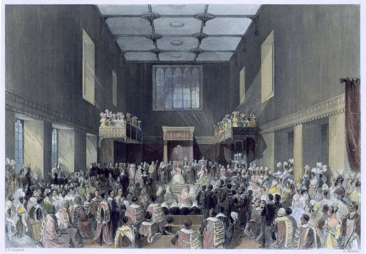 Das House of Lords, Ihre Majestät eröffnet die Parlamentssitzung, graviert von Henry Melville, ca. 1840 von Thomas Hosmer Shepherd