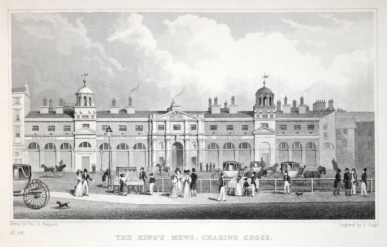 Die Königlichen Stallungen, Charing Cross, aus London und seine Umgebung im neunzehnten Jahrhundert, veröffentlicht von Jones und Co., 1827-1829 von Thomas Hosmer Shepherd