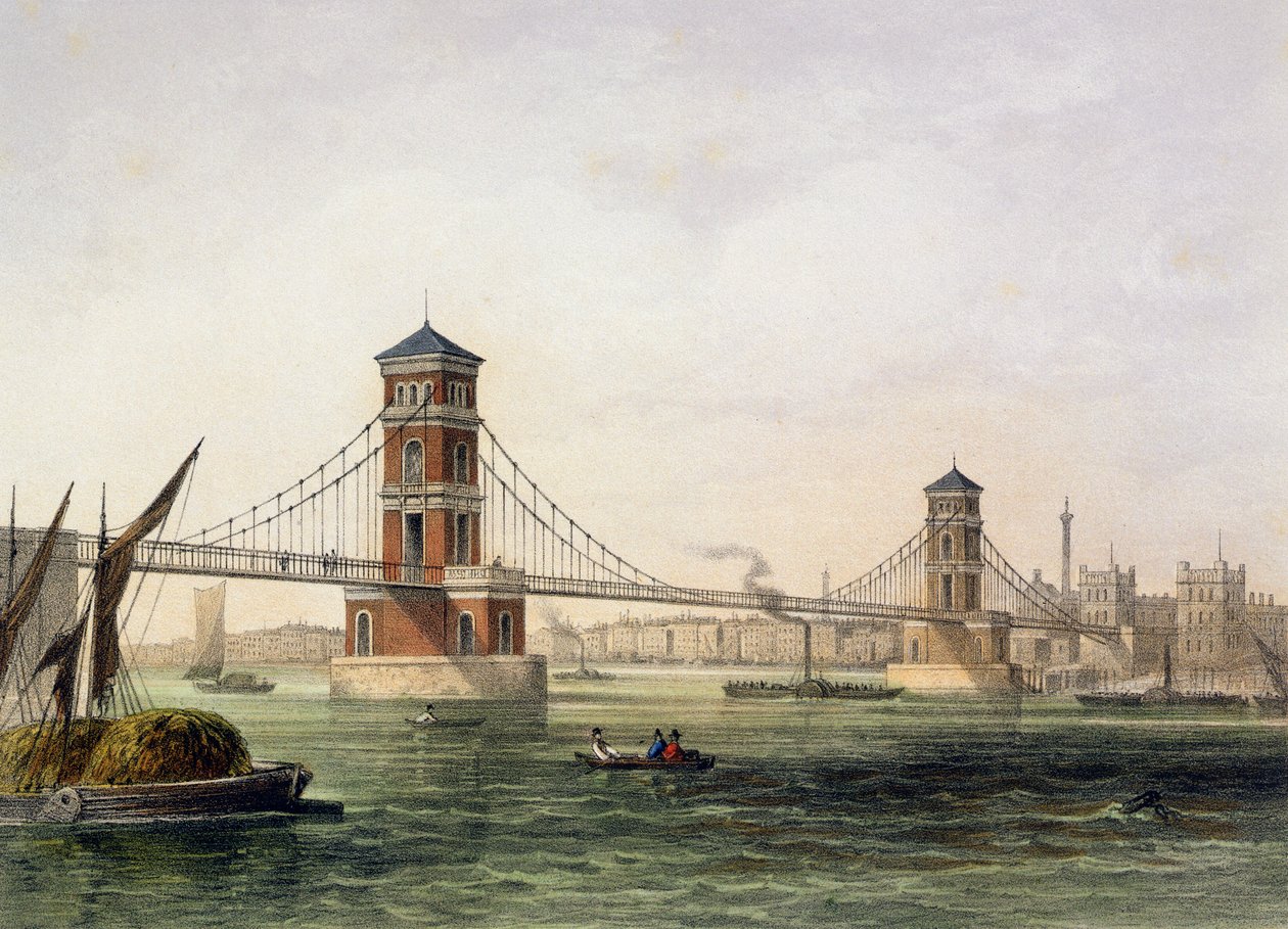 Ansicht der Hungerford-Brücke von Osten, graviert von Jean Jacottet, 1854 von Thomas Hosmer Shepherd
