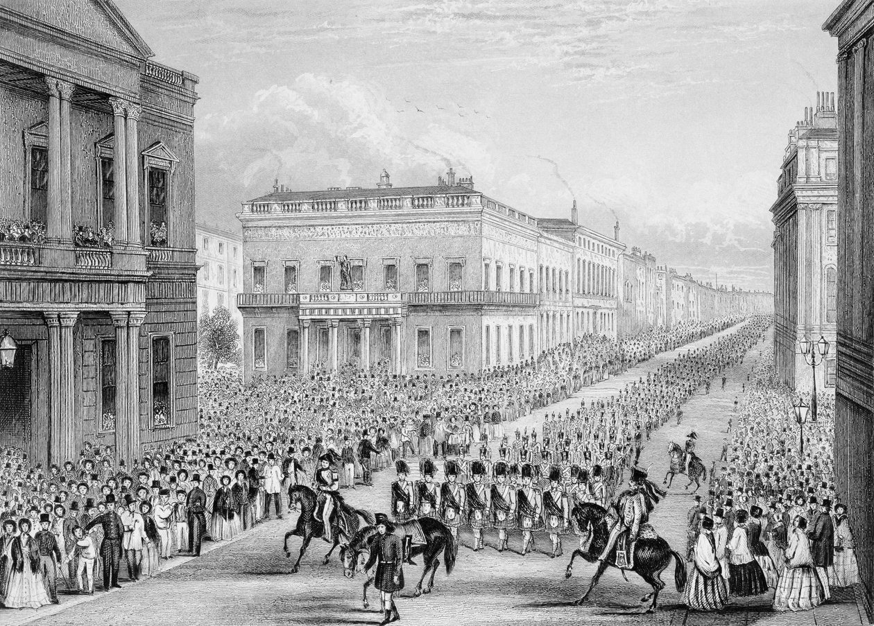 Wellingtons Trauerzug passiert den Senior United Service Club, Pall Mall, London, 1852 von Thomas Hosmer Shepherd