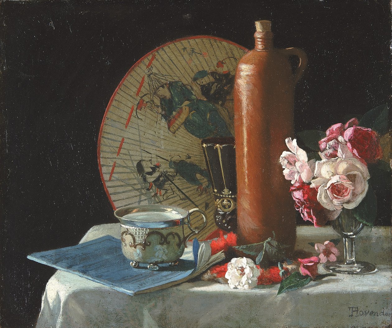 Stillleben mit Fächer und Rosen von Thomas Hovenden