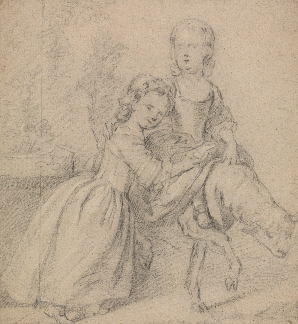 Zwei Mädchen in einer Landschaft, eines reitet auf einem Lamm von Thomas Hudson
