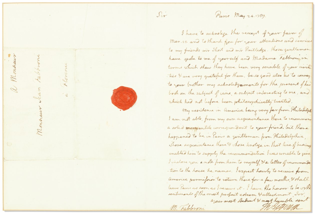 Autographenbrief als US-Botschafter in Frankreich, an Giovanni Fabbroni, Paris, 24. Mai 1789 von Thomas Jefferson