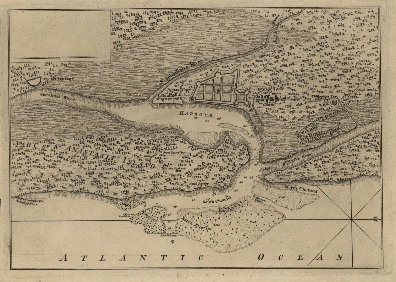 Plan der Stadt und des Hafens von St. Augustine. LOC 75693262 von Thomas Jefferys