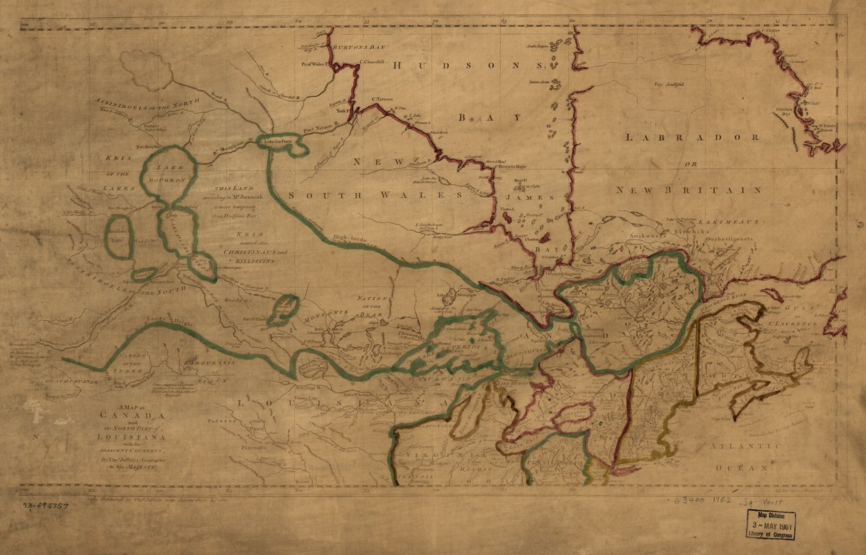 Karte von Kanada und dem nördlichen Teil von Louisiana mit den angrenzenden Ländern von Thomas Jefferys
