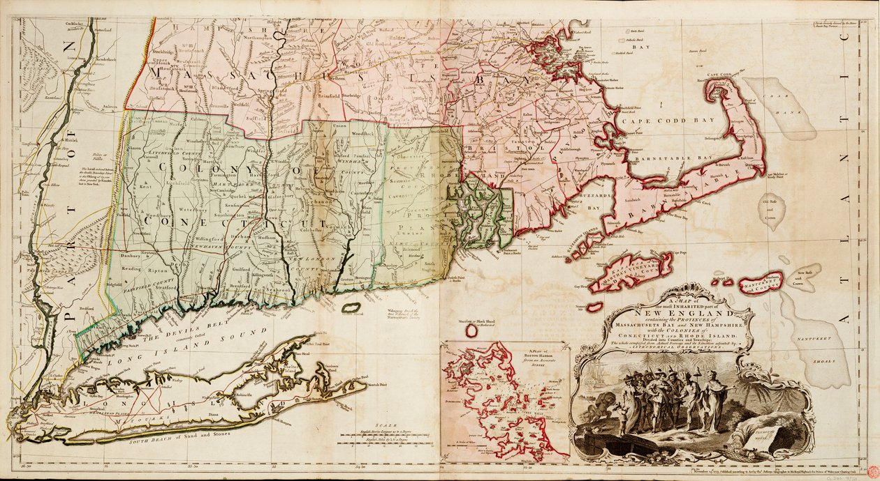 Karte des am dichtesten besiedelten Teils von Neuengland, mit den Provinzen Massachusetts Bay und New Hampshire sowie den Kolonien Connecticut und Rhode Island von Thomas Jefferys