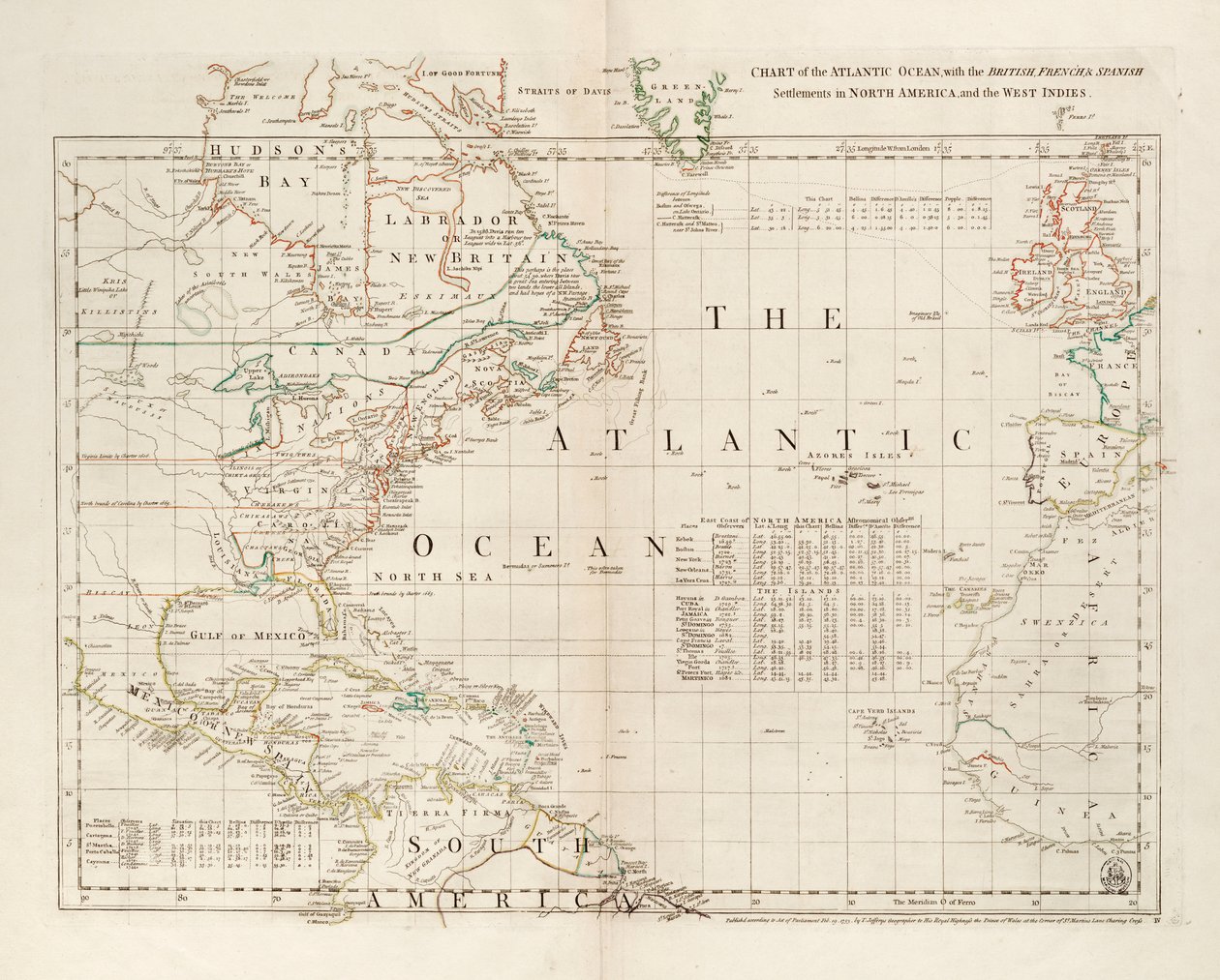 Karte des Atlantischen Ozeans mit den britischen, französischen und spanischen Siedlungen in Nordamerika und den Westindischen Inseln von Thomas Jefferys