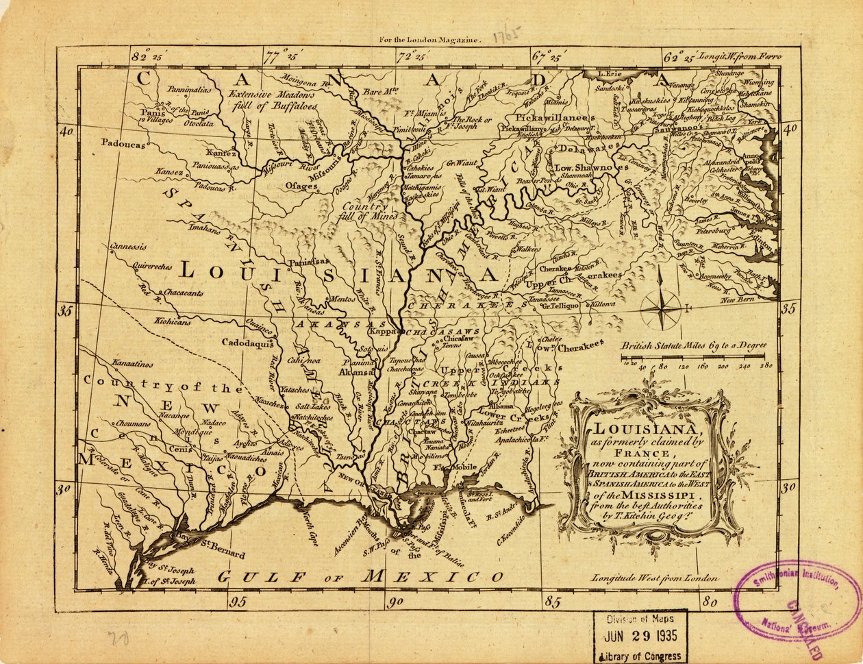 Louisiana, ehemals von Frankreich beansprucht, jetzt Teil von Britisch-Amerika im Osten und Spanisch-Amerika im Westen des Mississippi von Thomas Kitchin