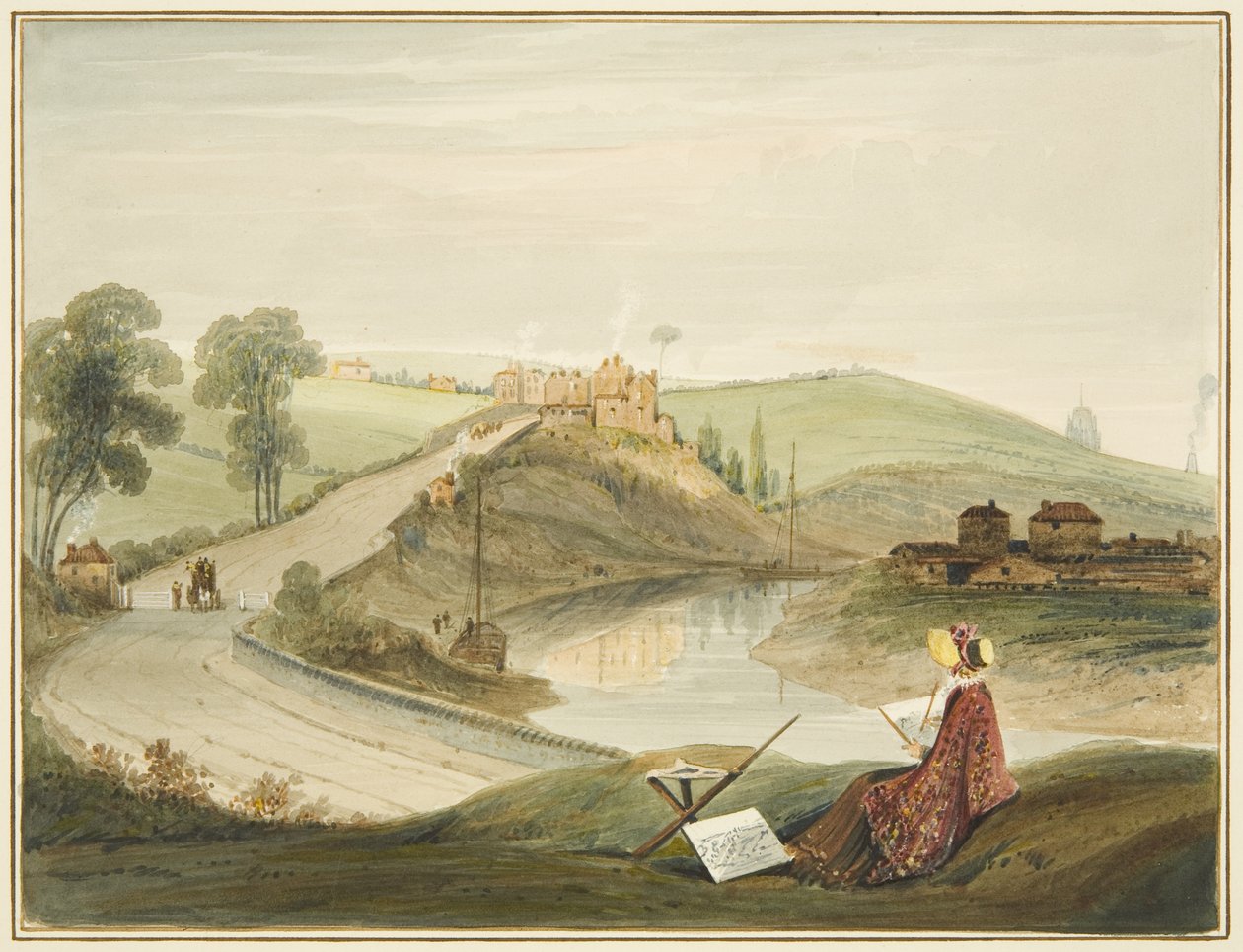 Totterdown und Pile Hill von der Bath Road, zeigt die Brislington Turnpike (mit einer Miss Braikenridge? beim Skizzieren) von Thomas Leeson the Elder Rowbotham