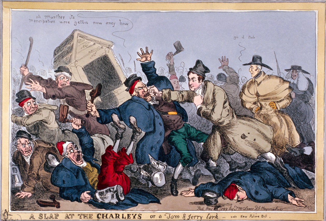 Ein Schlag gegen die Charleys oder ein Tom & Jerry Streich, siehe neues Polizeigesetz, 1829 von Thomas McLean