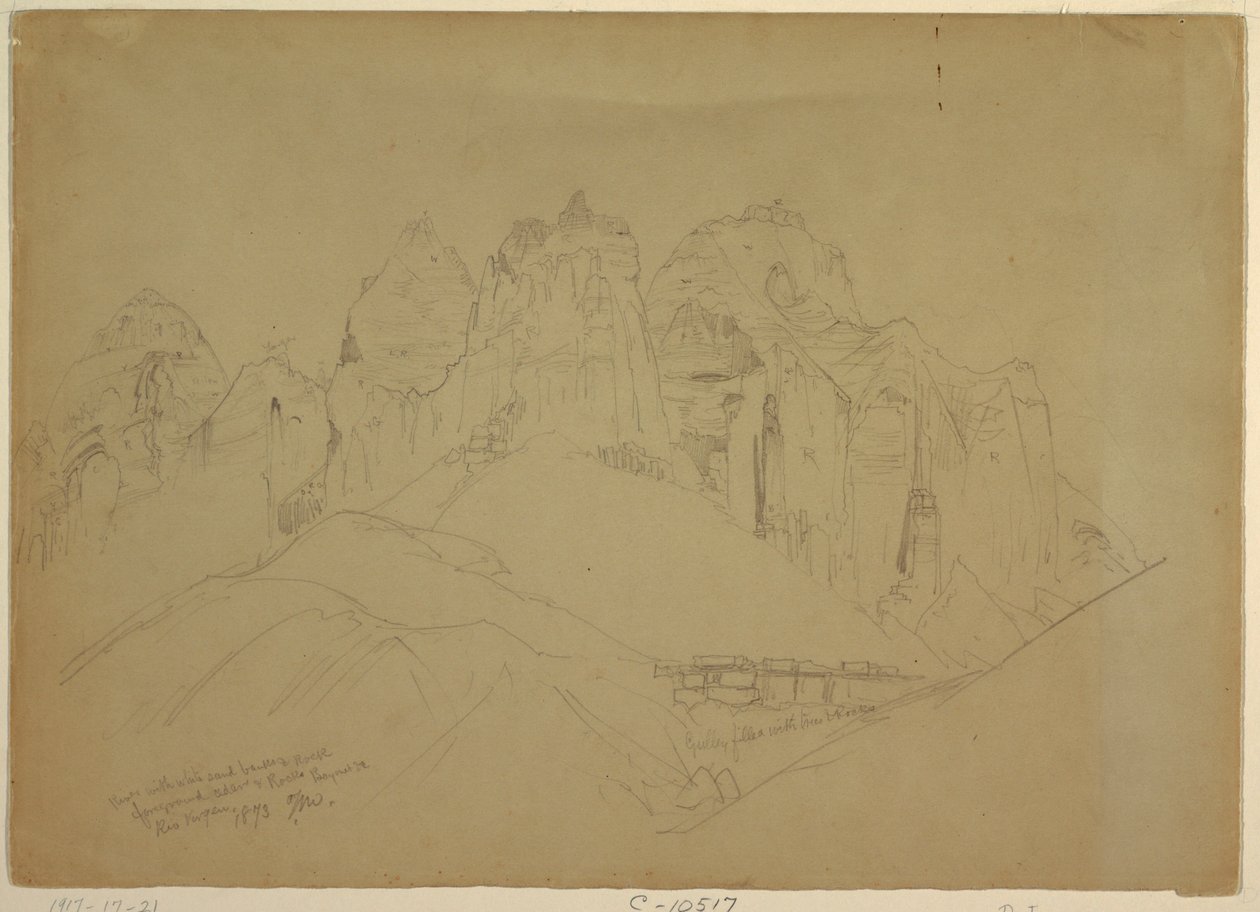 Zeichnung, Rio Virgin River mit großen Felsformationen, 1873 von Thomas Moran