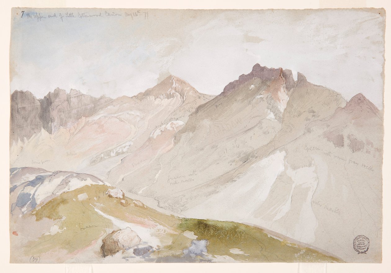 Zeichnung, Das obere Ende des Little Cottonwood Canyon, Wasatch Range, in der Nähe von Ogden, Utah, 13. August 1879 von Thomas Moran