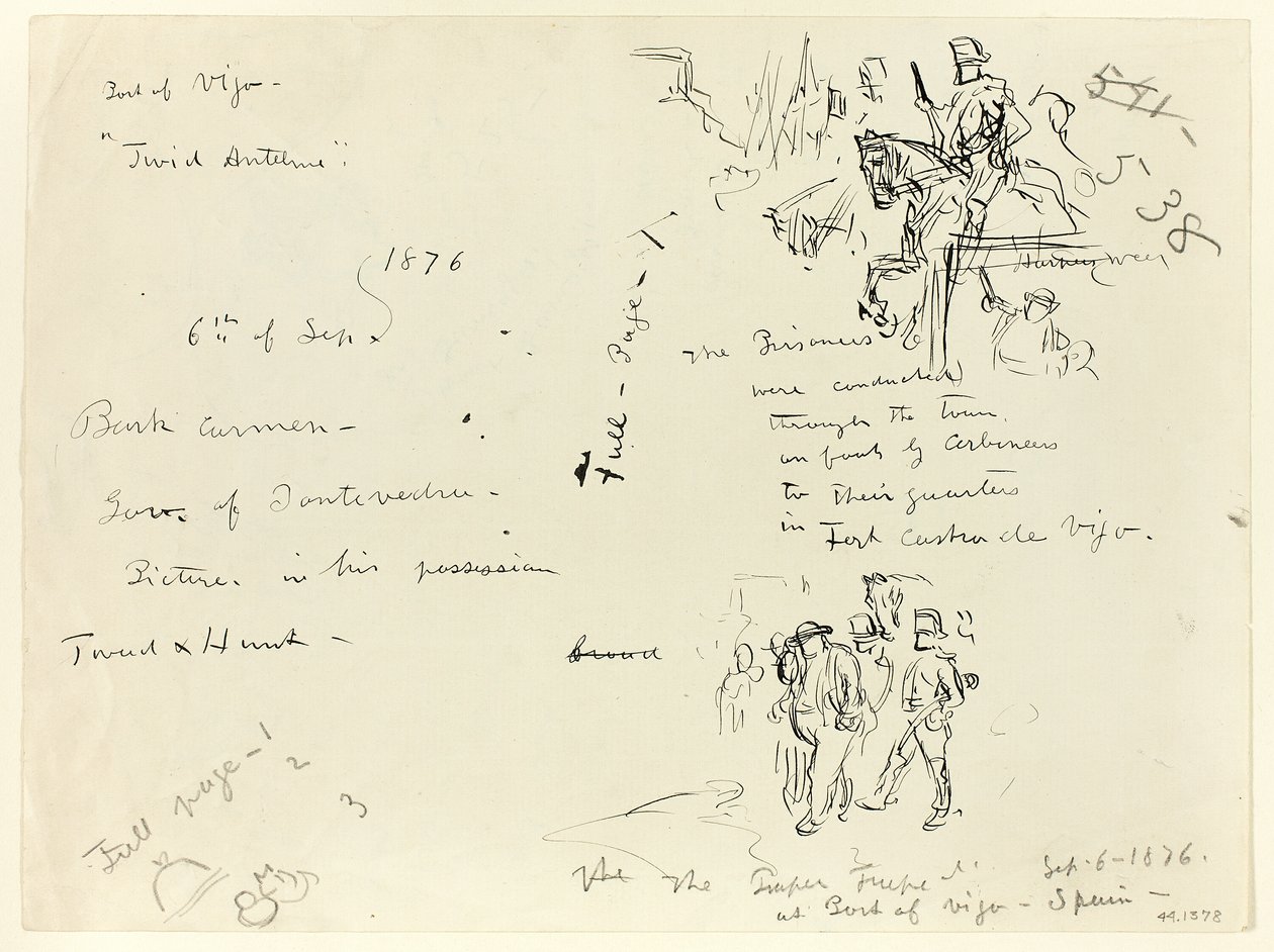 Blatt mit Skizzen: Soldat zu Pferd und Soldat mit Säbel, der Gefangenen führt (recto); Blatt mit Skizzen (verso) von Thomas Nast