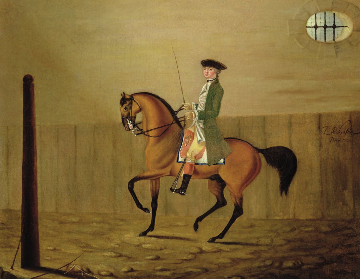 Herr auf einem Braunen Pferd in einer Reitschule von Thomas Parkinson