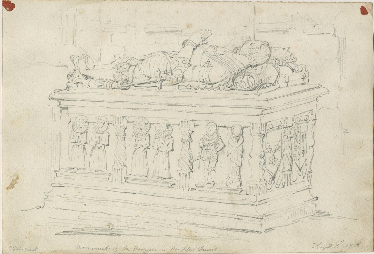 Seighford Church - Grab von William und Mercy Bowyer: Bleistiftzeichnung von Thomas Peploe Wood