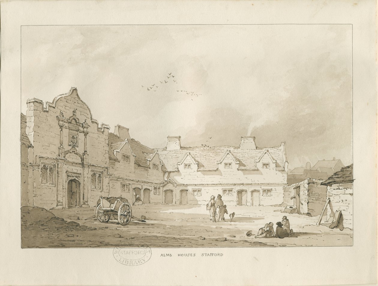 Stafford - Alms Houses: Sepia-Zeichnung, undatiert [1837] von Thomas Peploe Wood