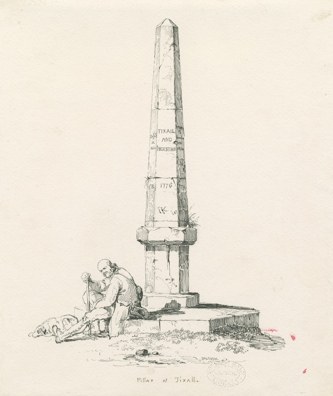 Tixall - Säule mit Entfernungsangaben: Feder- und Tintenzeichnung von Thomas Peploe Wood