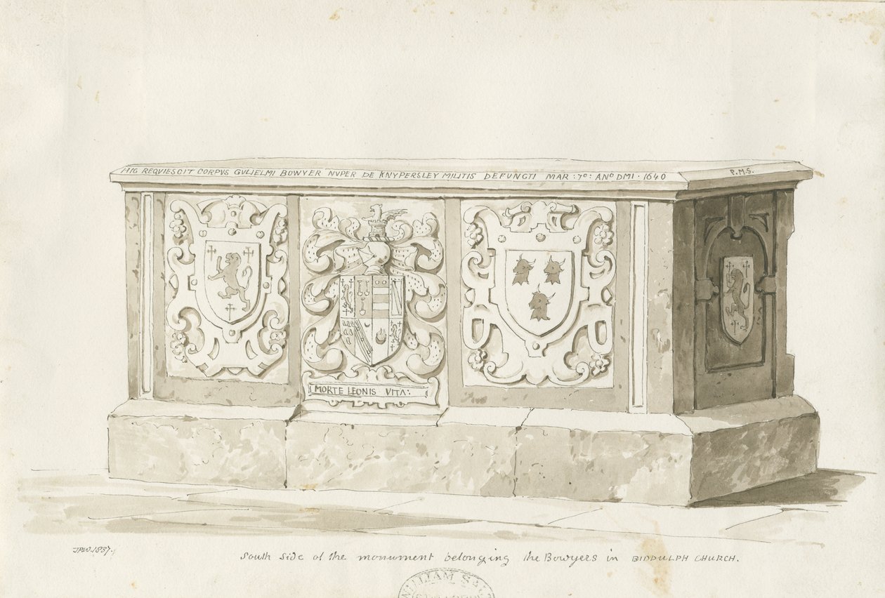 Grab in der Biddulph Kirche - William Bowyer: Sepia-Zeichnung von Thomas Peploe Wood