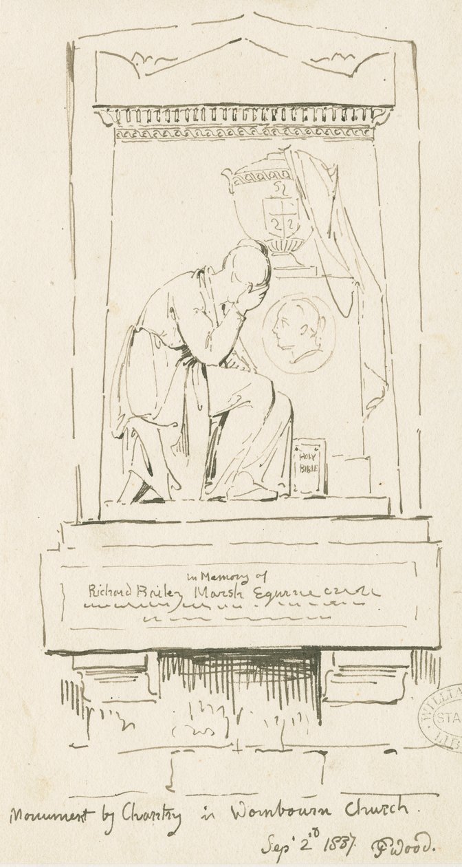 Wombourne Kirche - Denkmal für Richard Bailey Marsh: Feder- und Sepia-Zeichnung, 2. September 1837 von Thomas Peploe Wood