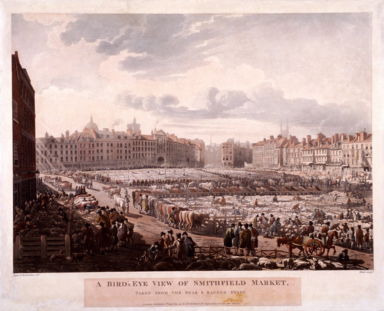 Smithfield Market, London, 1811 von Thomas Rowlandson, Augustus Charles Pugin