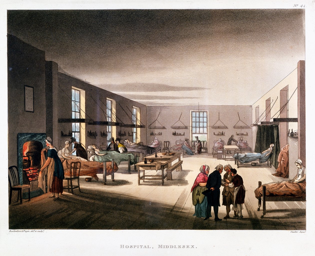 Frauenstation im Middlesex Hospital, London, 1808-1811 von Thomas Rowlandson, Augustus Charles Pugin