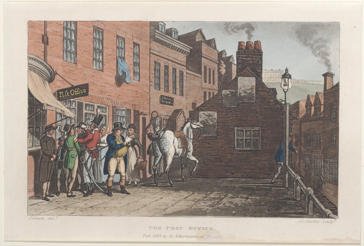 Das Postamt, aus Poetische Skizzen von Scarborough, 1813 von Thomas Rowlandson, Joseph Constantine Stadler, J. Bluck
