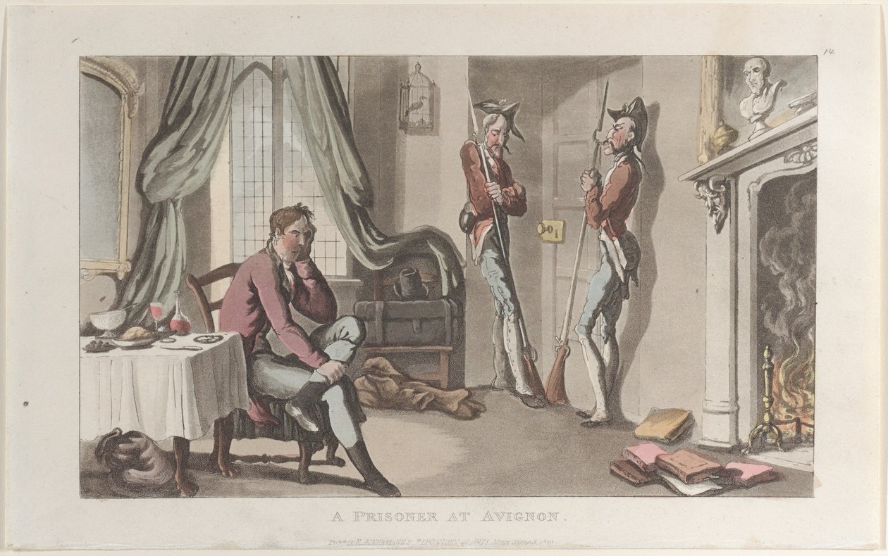Ein Gefangener in Avignon, aus dem Journal of Sentimental Travels in the Southern Provinces of F..., 1820 von Thomas Rowlandson