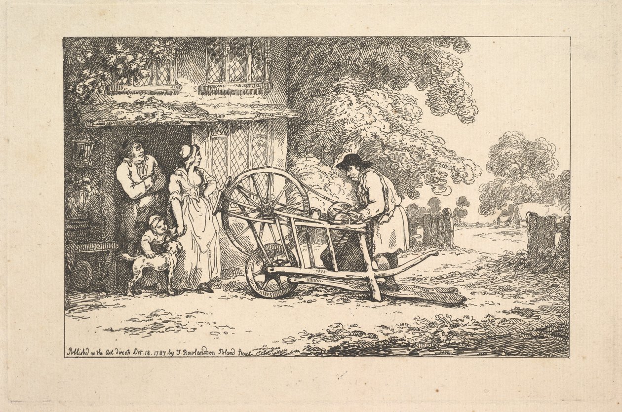 Ein reisender Messerschleifer an einer Hüttentür von Thomas Rowlandson