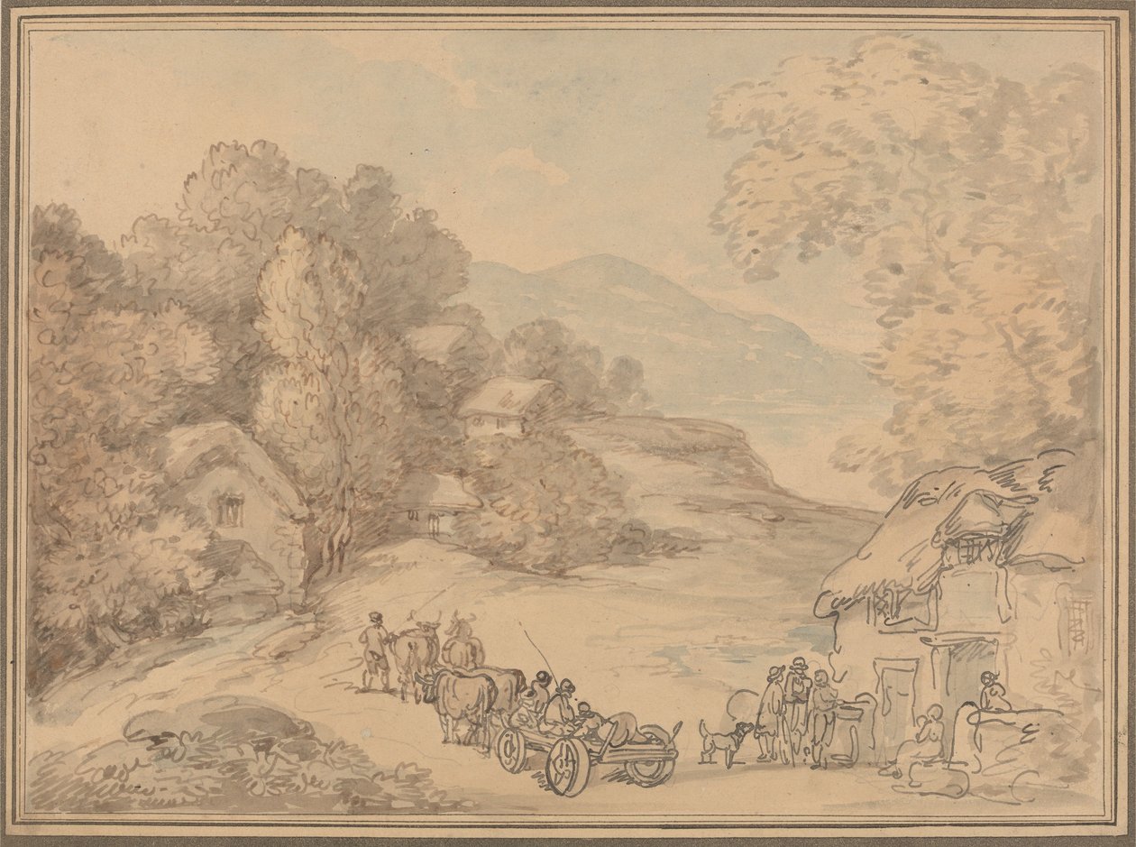 Ein Dorf in einer hügeligen Landschaft von Thomas Rowlandson
