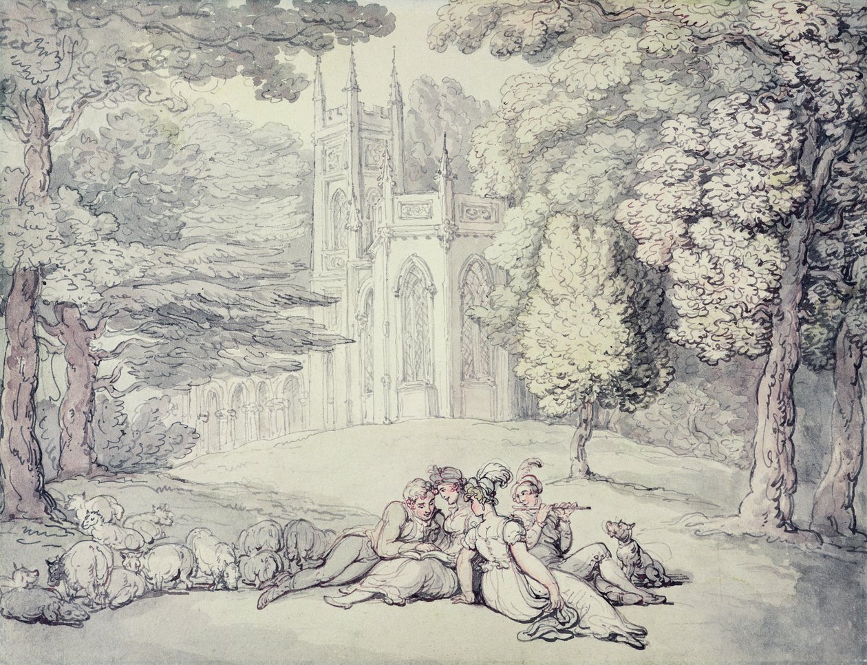 Ein College-Grün mit einer Gruppe von Damen und jungen Herren im Vordergrund von Thomas Rowlandson