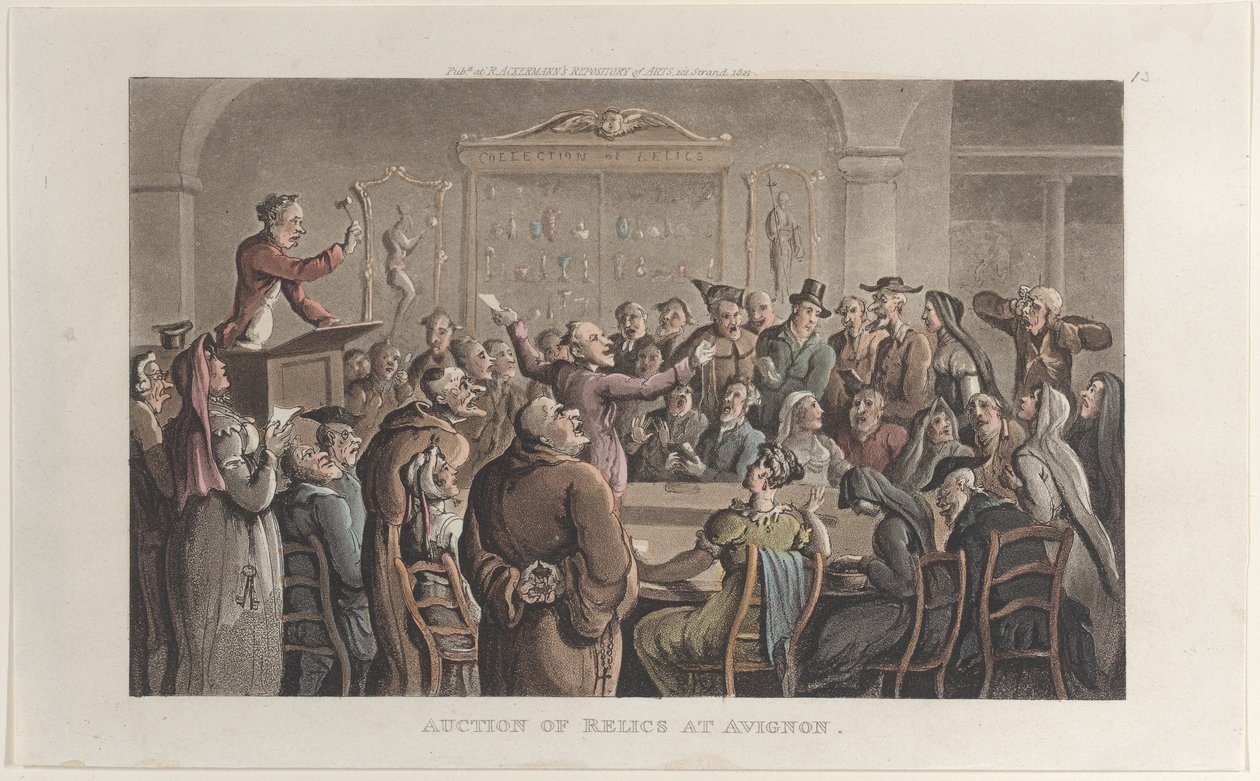 Auktion von Reliquien in Avignon, aus Journal of Sentimental Travels in the Southern Provinces, 1821 von Thomas Rowlandson