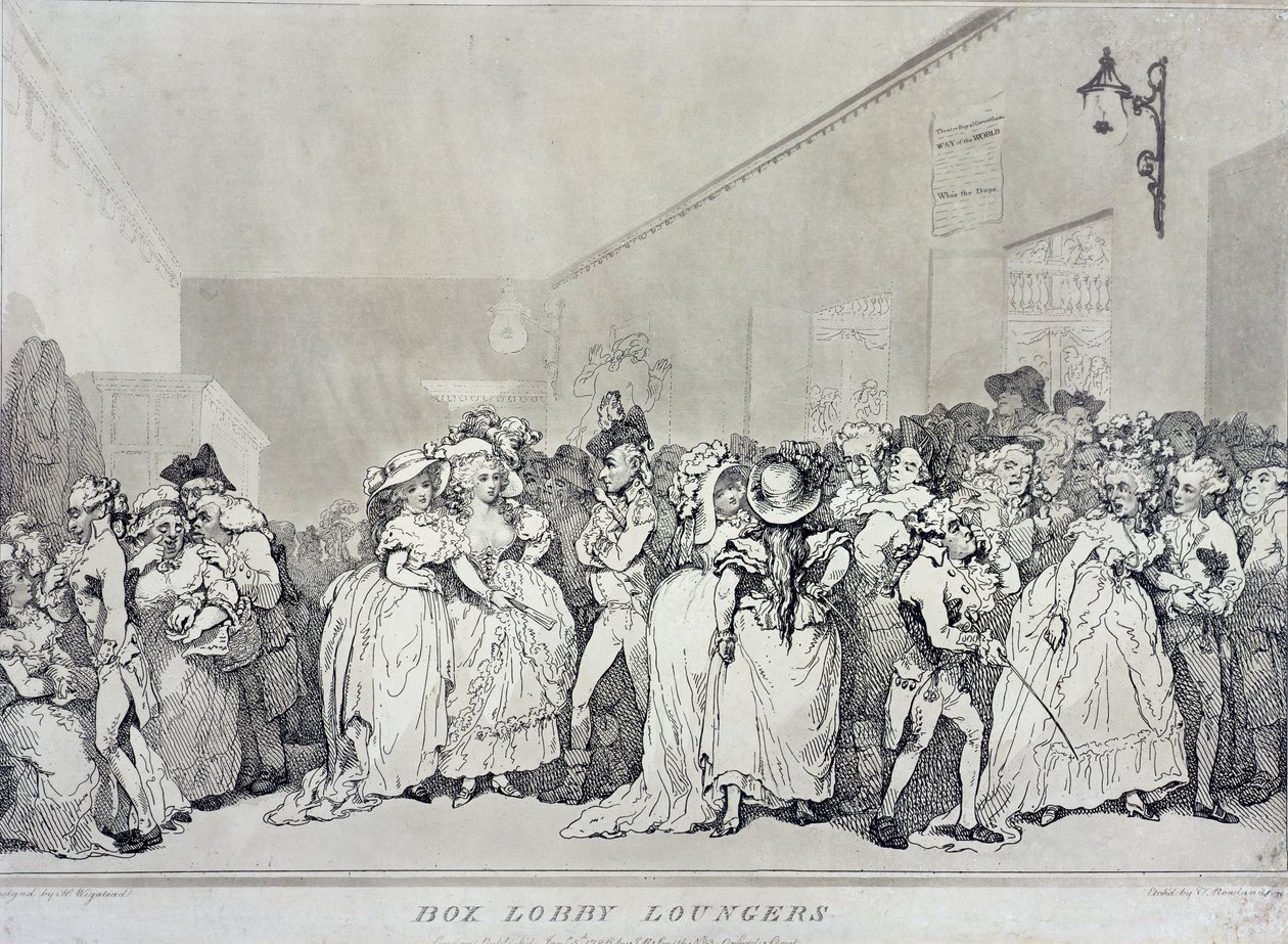 Box Lobby Loungers, geätzt von Rowlandson nach einem Entwurf von Henry Wigstead, veröffentlicht von John Raphael Smith, 1786 von Thomas Rowlandson
