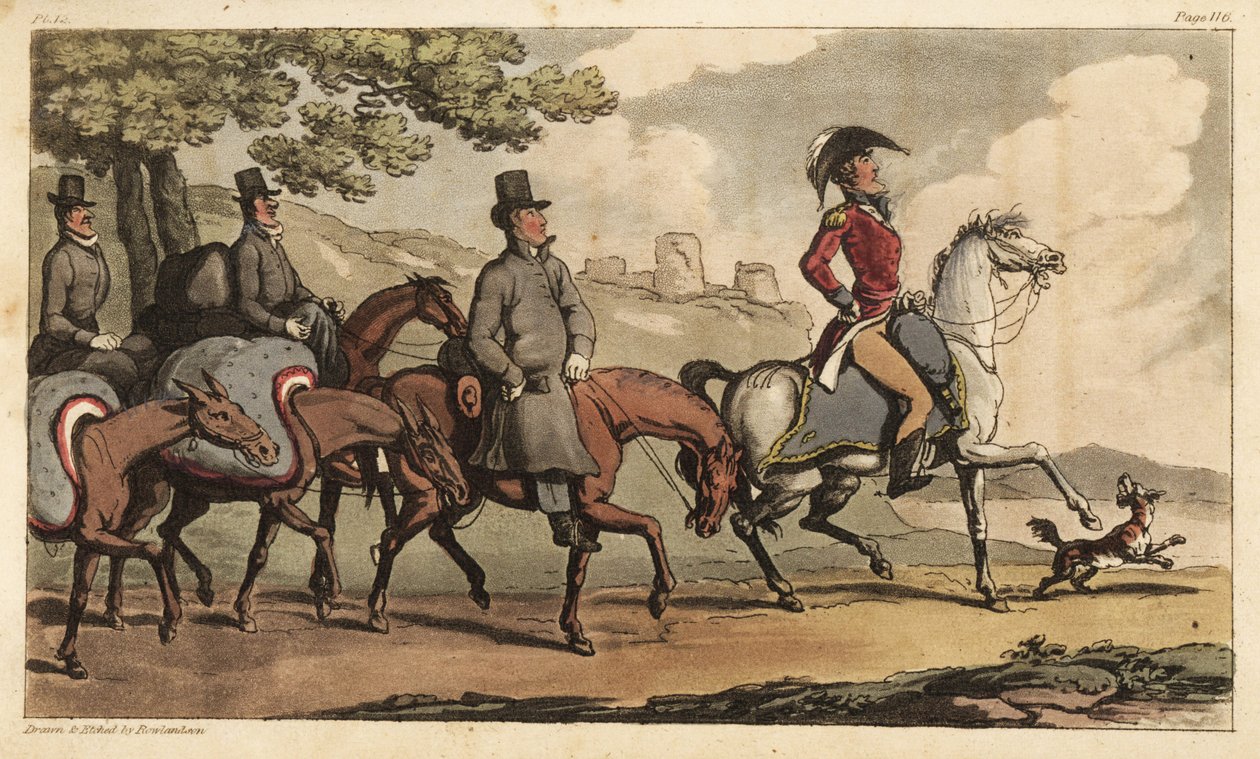 Kapitän Johnny Newcome und seine Diener mit Packpferden auf dem Weg nach Santarem, Portugal, um zur Halbinsel-Kampagne zurückzukehren. Handkolorierte Kupferstichgravur, gezeichnet und radiert von Thomas Rowlandson aus Colonel David Roberts