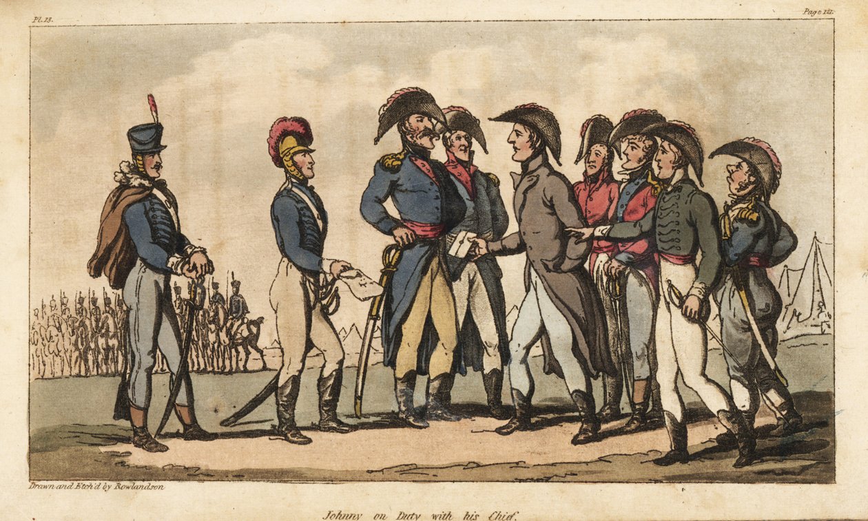 Kapitän Johnny Newcome im Dienst als Adjutant des Herzogs von Wellington während des Halbinselkriegs. Handkolorierte Kupferstichgravur gezeichnet und radiert von Thomas Rowlandson aus Colonel David Roberts