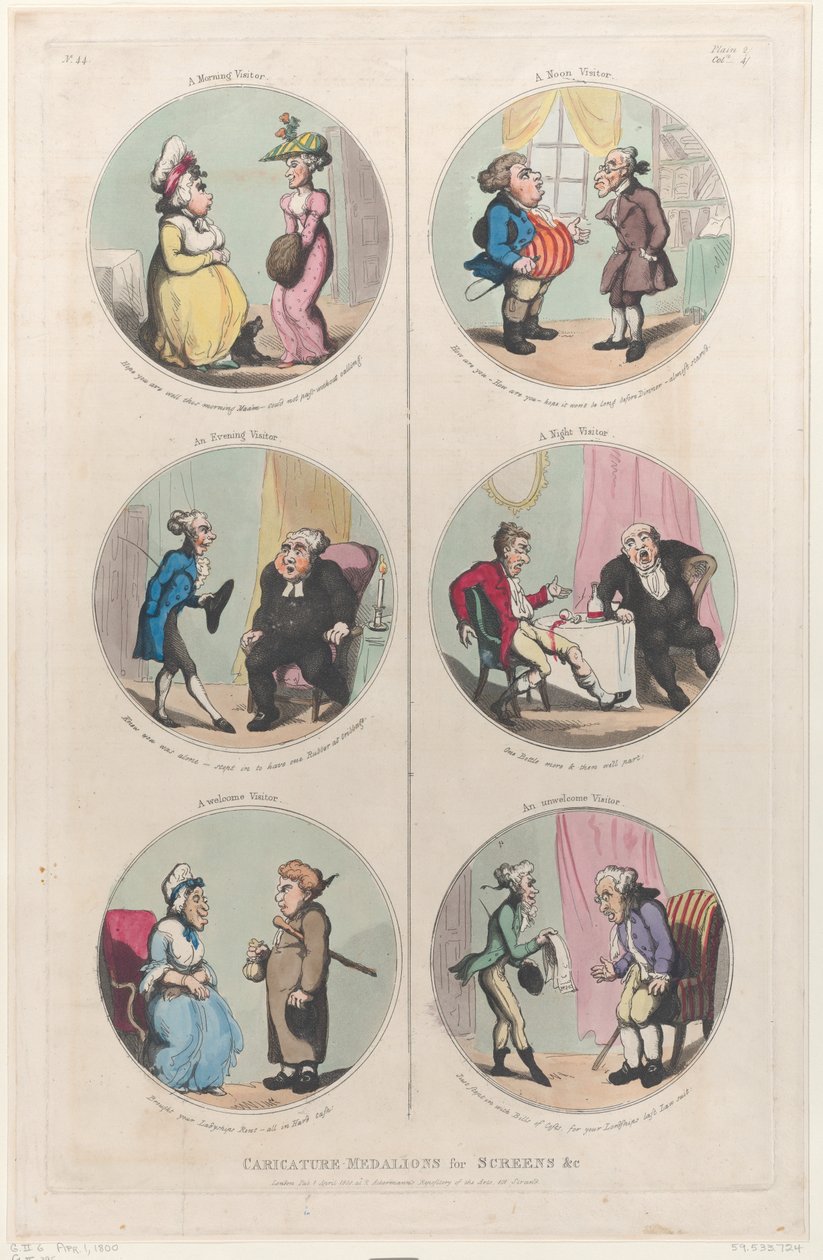 Karikaturmedaillons für Bildschirme &c: Ein Morgenbesucher, Ein Abendbesucher, Ein We..., 1. April 1800 von Thomas Rowlandson