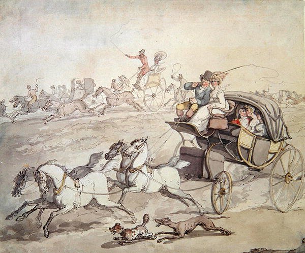 Kutschen und Reiter in voller Geschwindigkeit über offenes Grasland, ca. 1800 von Thomas Rowlandson