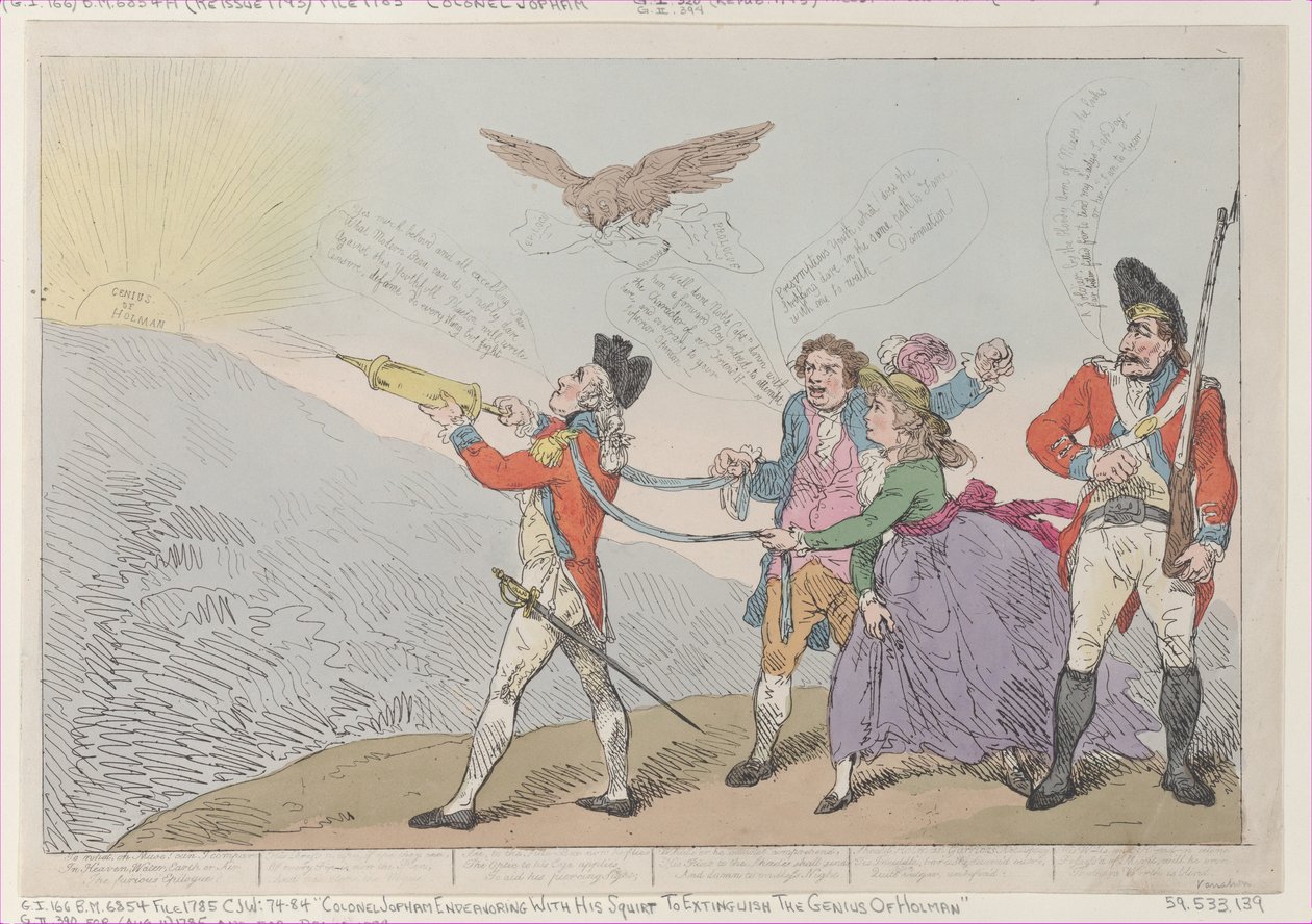 Col. Topham versucht mit seiner Spritze das Genie von Holman zu löschen von Thomas Rowlandson