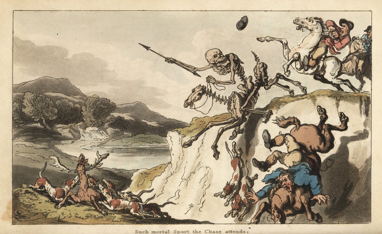 Der Tod auf einem skelettierten Pferd reitet über eine Klippe, während ein unglücklicher Jäger und seine Hunde in den Tod stürzen (Handkolorierte Kupferstich von Thomas Rowlandson) von Thomas Rowlandson