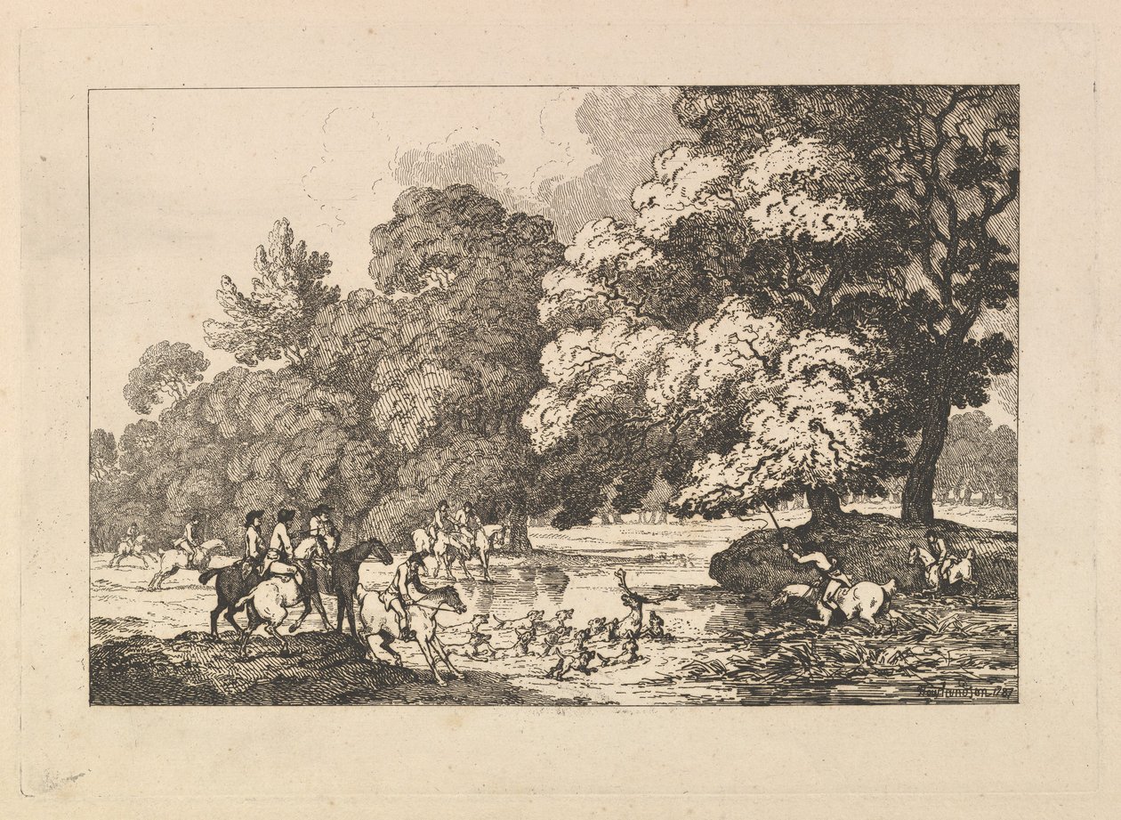 Hirschjagd – Eine Landschaftsszene mit Hirsch und Hunden in einem Fluss von Thomas Rowlandson