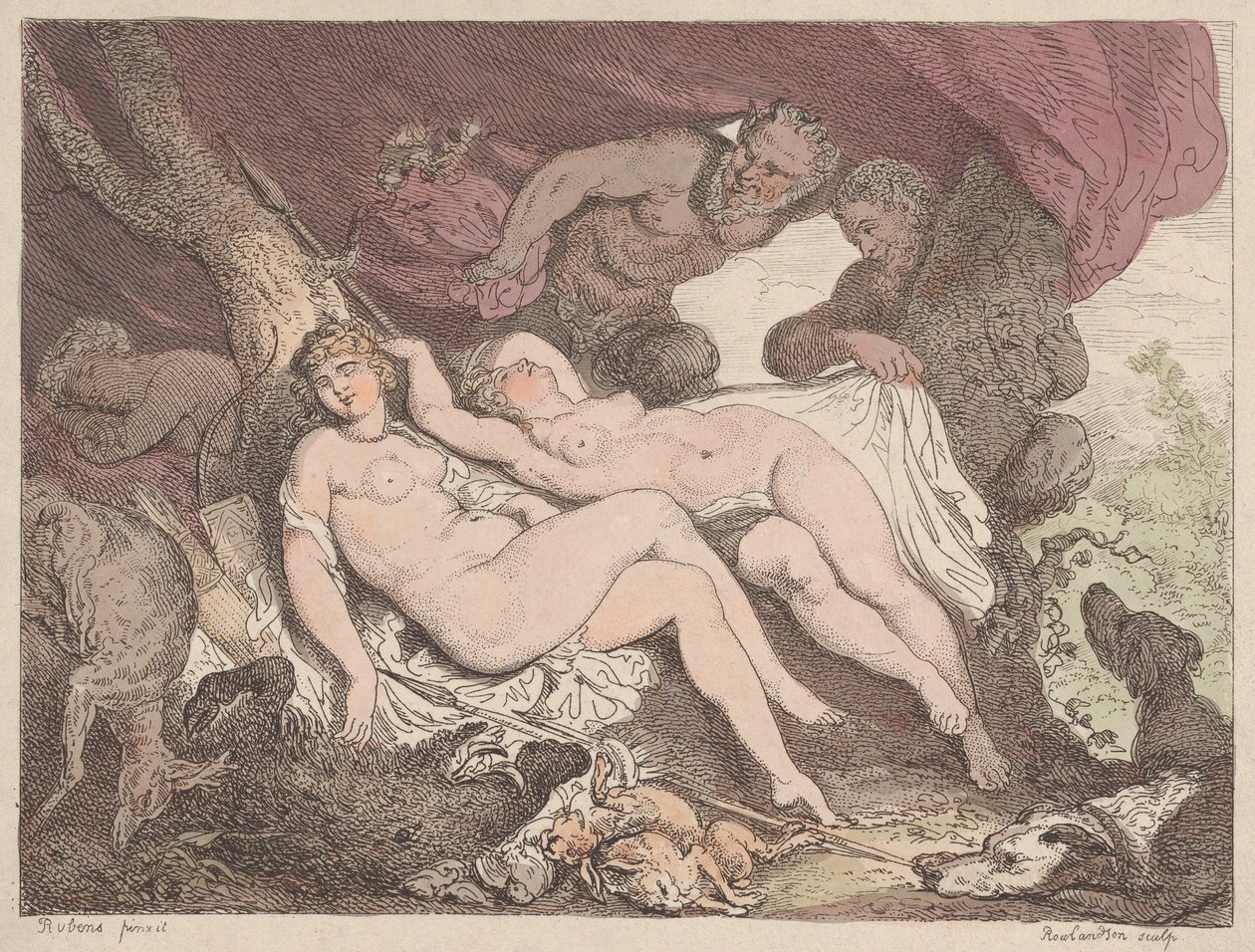 Diana und ihre Nymphen von Satyrn beobachtet, 1790-1799 von Thomas Rowlandson
