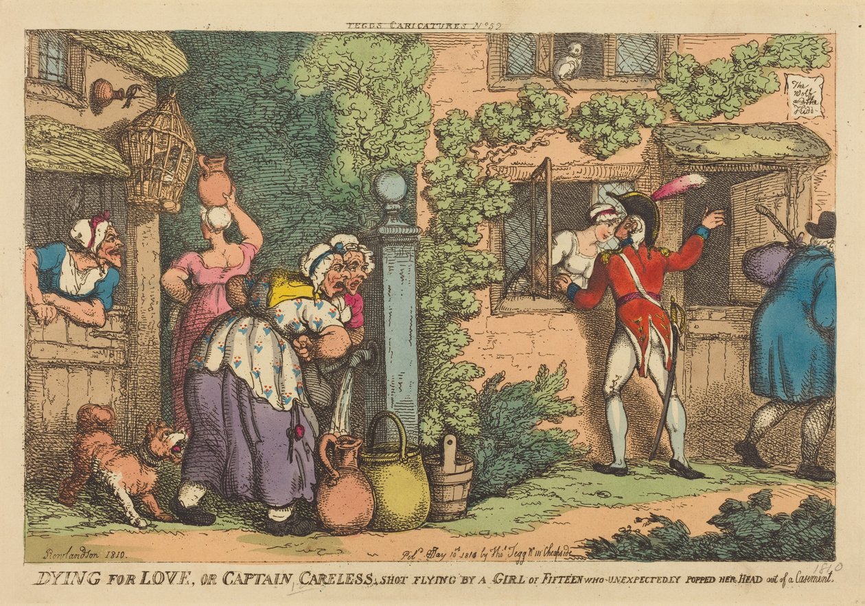 Sterben aus Liebe, oder Captain Careless von einem fünfzehnjährigen Mädchen erschossen, das unerwartet ihren Kopf aus einem Fenster streckte von Thomas Rowlandson