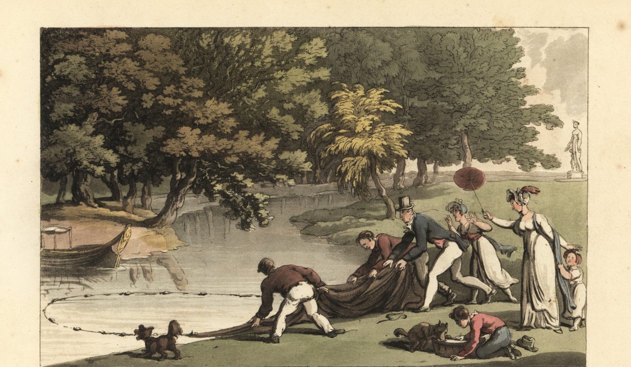 Englischer Gentleman und Personal beim Angeln in einem Fluss von Thomas Rowlandson